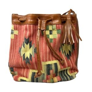 Vintage Multicolor Patterned Bucket Bag, Southwestern, Tribal, Tassel Carpet Bag